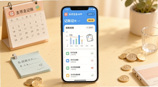 乐仔生活记账与待办提醒功能界面展示,手机屏幕居中,背景区域为柔和暖色桌面场景,包含日历、便签、硬币等元素,画面主体坐标位于视觉中心,突出乐仔生活APP的记账图表与提醒列表,适配Boogu模型生成
