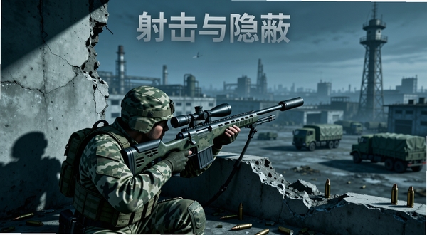 整体画面以一名身穿迷彩作战服的狙击手为视觉中心,人物位于画面中下方偏左位置,半蹲在废弃楼房的断墙后方,手中握持一把带有消音器的狙击步枪,枪口指向画面右上方远处的高塔。背景区域分为三层:近景是破碎的混凝土掩体与散落的弹壳,中景是空旷的工业厂区与停放的军用卡车,远景是灰蓝色天空下模糊的城市轮廓。画面整体色调偏冷,以灰绿、深蓝为主,光线从画面左侧斜射形成长阴影,突出隐蔽与紧张的氛围。游戏名称射击与隐蔽以半透明字体悬浮于画面顶部中央。