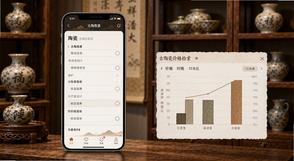 古陶瓷价格检索软件功能展示图,画面中展示手机应用的多维度筛选界面与价格对比图表,背景为古色古香的陶瓷展架,整体色调温润典雅,软件名称古陶瓷价格检索醒目展示