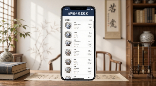 古陶瓷价格检索软件界面展示,手机屏幕中呈现多个陶瓷品类列表与价格区间数据,背景为淡雅的书房场景,画面清晰明亮,重点突出软件名称古陶瓷价格检索