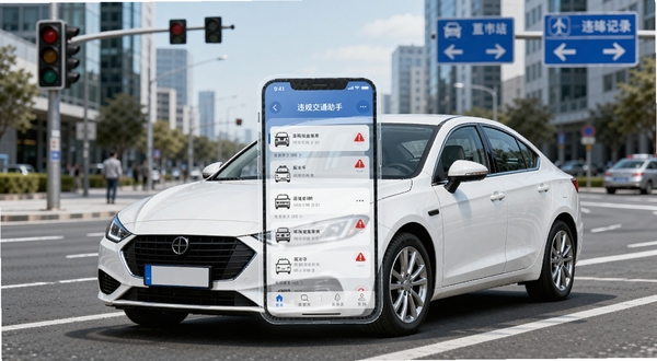 画面中央是一辆白色家用轿车停靠在城市道路旁,车身前方悬浮着一块半透明的智能手机屏幕,屏幕上显示着违章违规交通助手的应用界面,界面中包含车辆违章记录列表和红色警示图标。背景为现代化城市街道,有交通信号灯和蓝色指示牌,整体色调明亮清晰,写实风格,适合软件下载站配图。