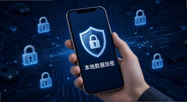 违章违规交通助手隐私保护功能示意图,画面中一只手拿着手机,手机屏幕显示盾牌图标和“本地数据加密”字样,背景为深蓝色科技纹理,周围环绕着锁形图标和数据流线条,整体传达安全可靠的视觉感受,适合软件安全特性配图。
