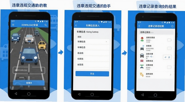违章违规交通助手在安卓手机上的操作步骤示意图,画面分为三个部分,左侧显示下载安装界面,中间显示车辆信息录入表单,右侧显示违章记录查询结果页面,整体风格为扁平化UI设计,配色以蓝白为主,适合教程类配图使用。