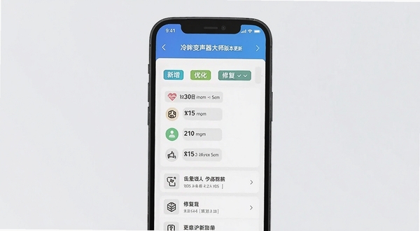 冷眸变声器大师版本更新界面截图,画面展示手机屏幕中更新日志列表,包含新增、优化、修复等分类标签,背景为浅色简约风格,突出版本迭代的清晰信息层级
