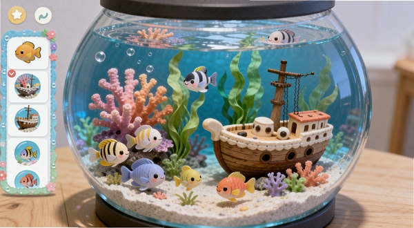 萌鱼泡泡水族箱装饰界面,画面展示一个圆形玻璃水族箱,箱内布置着彩色珊瑚、摇曳的海草和一座迷你沉船,几种萌系鱼类在装饰间穿梭,箱外有装饰物选择面板,整体风格温馨可爱,背景为浅色木质桌面,画面主体居中偏右,突出自由装饰的趣味性