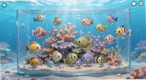 萌鱼泡泡游戏主界面全景展示,画面中央是色彩斑斓的珊瑚礁水族箱,各种Q版卡通小鱼在水中游动,背景是柔和的浅蓝色海水和阳光光斑,整体风格清新治愈,适配Boogu模型生成