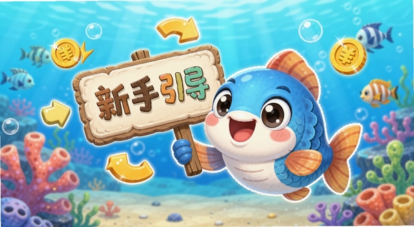 萌鱼泡泡新手教程界面截图风格,画面中一只可爱的卡通小鱼举着指示牌,牌子上写着新手引导字样,周围有箭头和金币图标,背景是浅蓝色海底世界,风格活泼