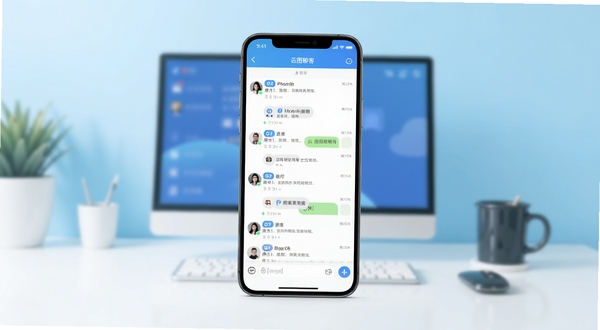 云图聊客应用主界面全景展示,画面中央为手机屏幕正视图,屏幕内呈现聊天列表与输入框布局,背景为浅蓝色渐变桌面环境,整体风格简洁明亮,突出社交软件核心交互区域,适配Boogu模型生成。