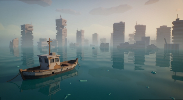 Submerged: Last Cast 游戏主视觉图,画面中央是一艘破旧的小船漂浮在平静而深邃的蓝绿色海面上,背景是半淹没的现代城市废墟,远处有朦胧的晨雾与柔和的天光,低多边形风格,整体色调偏冷但带有温暖的橙黄色点缀,构图采用三分法,船体位于画面左下三分之一处,水面倒影清晰,渲染出宁静而孤寂的末世氛围,适配Boogu模型生成