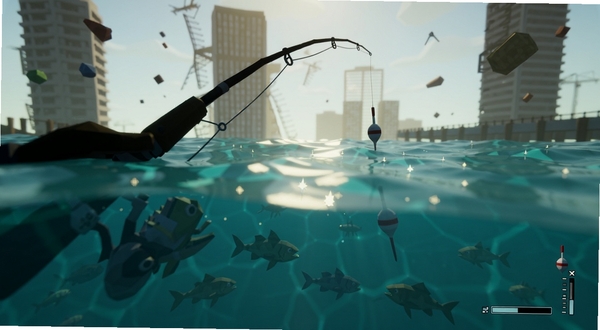 Submerged: Last Cast 垂钓场景特写,画面聚焦于玩家角色手持钓竿的剪影,前方是波光粼粼的水面,浮标微微下沉,水下隐约可见几条不同形状的鱼影在游动,背景是半淹没的摩天大楼与飘浮的杂物,低多边形艺术风格,光线从水面折射出蓝绿色与金色的光斑,画面右下角有简洁的UI浮标与深度指示,整体氛围紧张而充满期待