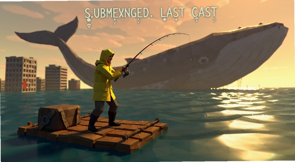 Submerged: Last Cast 官方宣传主视觉,画面中央是一位身穿黄色雨衣的渔人站在漂浮的木筏上,手持钓竿向远方抛线,背景是淹没的都市废墟与巨大鲸鱼剪影,海面波光粼粼,天空呈现黄昏暖色调,整体风格为low poly低多边形艺术,适配Boogu模型生成