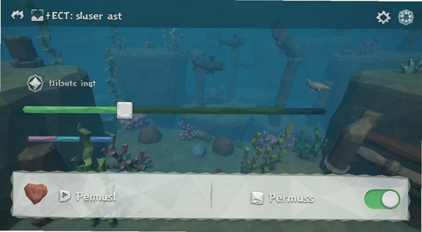 Submerged: Last Cast 移动端设置界面截图,展示画质调节滑块与权限开关,画面简洁,带有低多边形风格的图标,适配Boogu模型生成
