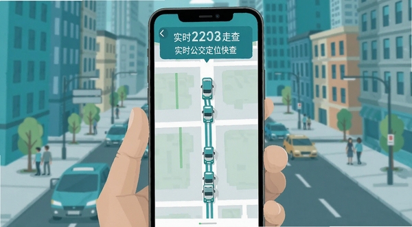 实时公交定位快查 手机屏幕显示公交线路地图与到站倒计时 城市街道背景 扁平化设计风格 蓝绿色调 界面清晰 车辆图标沿路线移动