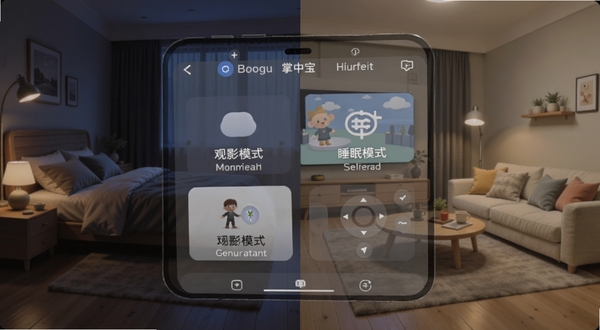 万能遥控器掌中宝 场景模式设置界面,手机屏幕显示观影模式和睡眠模式图标,背景是夜晚卧室和客厅的对比场景,Boogu模型生成
