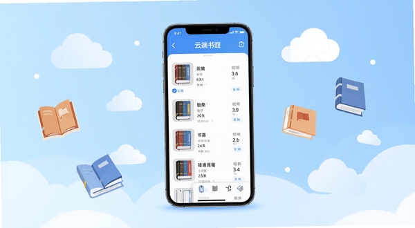 书之秀云店软件主界面展示,画面中央为手机屏幕显示云端书架列表,背景为浅蓝色渐变,周围漂浮着若干书籍图标与云朵图形,整体风格清新简洁,扁平化设计,突出云端同步与书籍管理主题