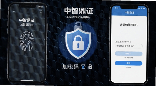 中智鼎证 加密存储功能展示 手机屏幕显示指纹解锁与密码输入界面 画面中央为盾牌锁形图标 背景为深色安全纹理 突出隐私保护氛围 中智鼎证