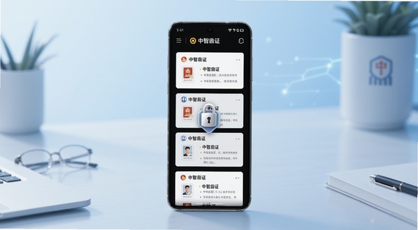 中智鼎证 安卓手机证照管理界面 展示证件分类列表与加密锁图标 画面主体为手机屏幕中央的证件卡片宫格布局 背景为浅蓝色渐变办公桌面环境 风格简洁科技感 中智鼎证