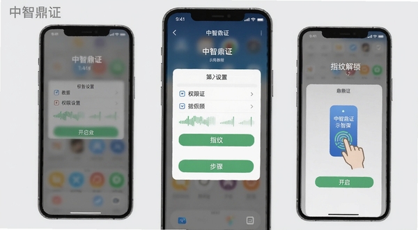中智鼎证 使用教程示意图 手机屏幕显示权限设置与指纹解锁开启步骤 画面主体为分步操作截图拼接 背景为浅灰色极简风格 中智鼎证