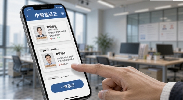 中智鼎证 证件快速调取功能 手机屏幕显示证件卡片列表与一键展示按钮 画面主体为手指点击证件卡片 背景为办公室场景虚化 体现高效办公 中智鼎证