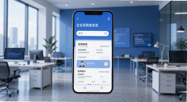 企业信用信息查询通 软件主界面展示 手机屏幕中呈现企业搜索框与信用报告卡片 背景为现代办公环境 蓝色调 简洁商务风格
