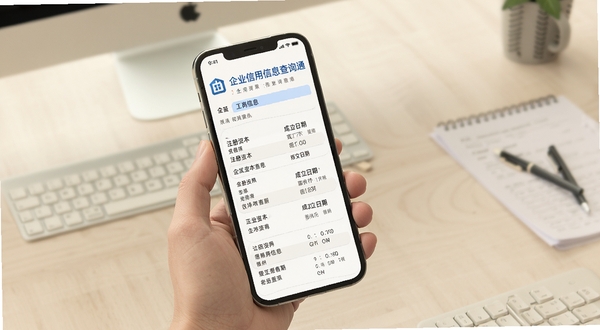 企业信用信息查询通 查询结果页面 手机上显示企业工商信息列表 包含注册资本与成立日期 背景为浅色办公桌面 扁平化设计风格