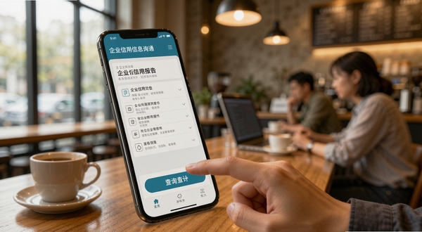 企业信用信息查询通 移动端操作界面 手指点击查询按钮 屏幕显示企业信用报告 背景为咖啡厅办公场景 暖色调 生活化风格