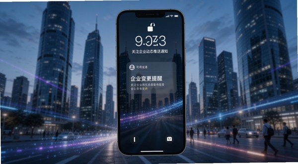 企业信用信息查询通 关注企业动态推送通知 手机锁屏界面显示企业变更提醒 背景为城市商务区 科技感光效