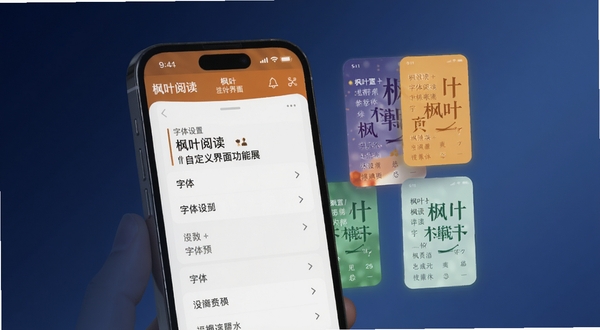 枫叶阅读自定义阅读界面功能展示,画面聚焦于手机屏幕,屏幕中显示枫叶阅读的字体设置面板,旁边悬浮着不同背景颜色的阅读预览小窗,背景是柔和的深蓝色渐变,突出个性化定制的科技感与舒适感