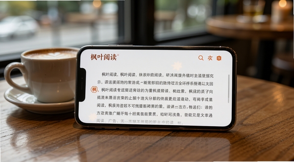 枫叶阅读无广告纯净阅读场景,画面展示一部手机横屏放置,屏幕内是枫叶阅读的阅读界面,文字排版整洁,没有广告弹窗,背景是安静的咖啡馆桌面环境,旁边有一杯咖啡,营造专注阅读的氛围