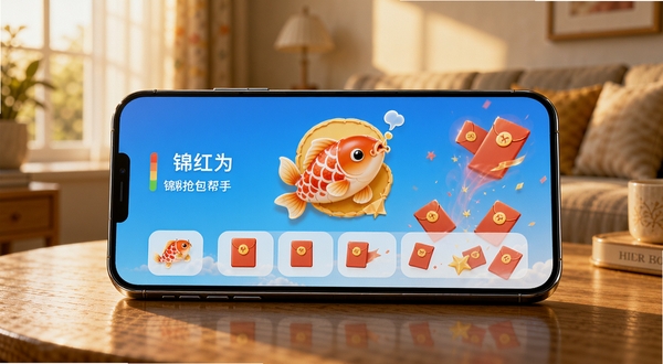 画面中心是一部现代智能手机,屏幕上显示着锦鲤抢红包帮手的应用主界面,界面中有醒目的锦鲤图标和红包动画元素。手机放置在一张木质桌面上,背景是温馨的家居环境,窗外透进柔和的午后阳光。整体色调温暖明亮,采用写实风格,突出软件的科技感与喜庆氛围,画面细节丰富,分辨率高清。
