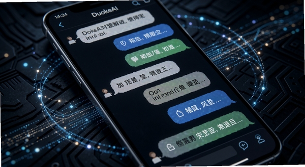 DuokeAI智能对话界面特写,画面主体为手机屏幕显示多轮对话记录,气泡对话清晰可见,背景为深色科技纹理,屏幕周围环绕数据流线条与光点,体现AI上下文理解与智能交互能力