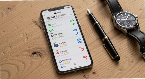 天梭T-Connect应用更新日志页面在手机上的展示效果,手机竖屏显示版本更新记录列表,带有绿色新增标签、蓝色优化标签和红色修复标签,背景为浅色界面,手机放置在木质桌面上,旁边有一支钢笔和天梭手表,整体风格为办公场景静物摄影,光线柔和均匀,画面干净整洁,突出应用迭代更新的专业性