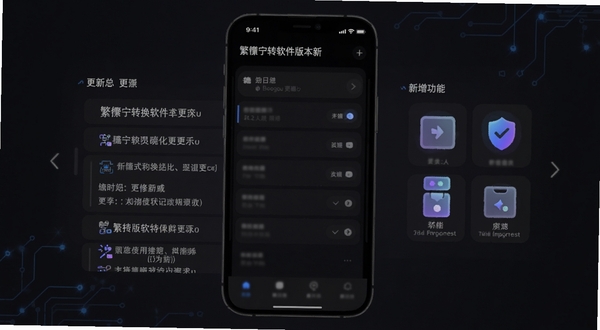 繁体字转换软件版本更新界面示意图,展示更新日志列表和新增功能图标,手机屏幕内文字清晰,背景为深色模式,界面现代简洁,Boogu模型生成,科技感风格