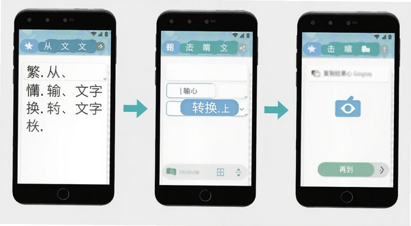 繁体字转换软件在安卓手机上的操作流程图,展示从输入文字到点击转换再到复制结果的三个步骤,背景为浅灰色,界面元素清晰,适配Boogu模型生成