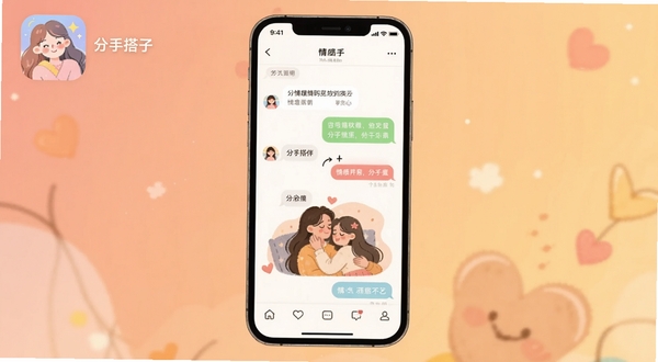 分手搭子应用主界面展示,画面中央是手机屏幕,显示柔和的聊天界面与情感陪伴主题插画,背景为暖色调渐变,整体氛围温馨治愈,突出分手搭子软件名称与图标,适配Boogu模型生成