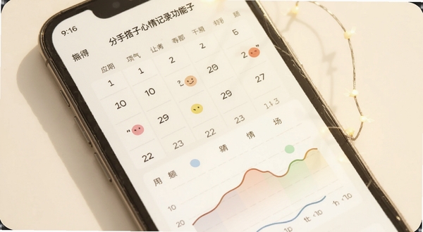 分手搭子心情记录功能展示,手机屏幕呈现日历视图与情绪曲线图,画面中有彩色心情圆点与温暖的光线,背景为米白色,突出陪伴与成长主题,画面中包含分手搭子名称