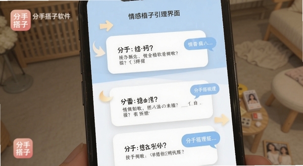 分手搭子情感梳理引导界面,手机屏幕展示清晰的步骤式问答卡片,背景为淡蓝色与白色拼接,画面中有温和的引导箭头与对话气泡,整体风格理性而温暖,画面中带有分手搭子软件标识