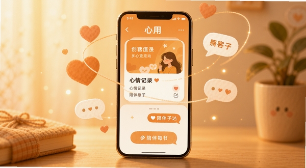 分手搭子 应用主界面展示 温暖橙色调 手机屏幕中显示心情记录卡片与陪伴聊天入口 背景为柔和渐变暖光 画面中央放置手机模型 周围环绕抽象心形与对话气泡元素 整体风格温馨治愈