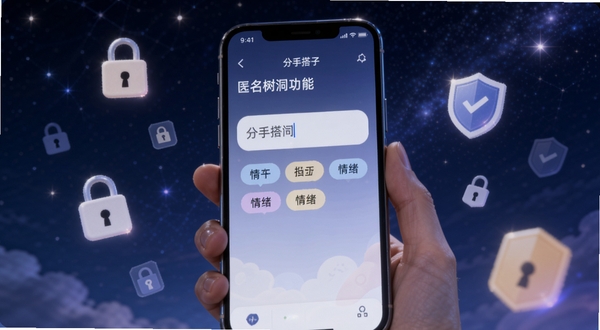 分手搭子 匿名树洞功能界面 手机上显示输入框与情绪标签选择 周围漂浮着锁形图标与盾牌 背景为深蓝色星空 突出安全私密氛围 画面中央手机屏幕散发柔和光芒