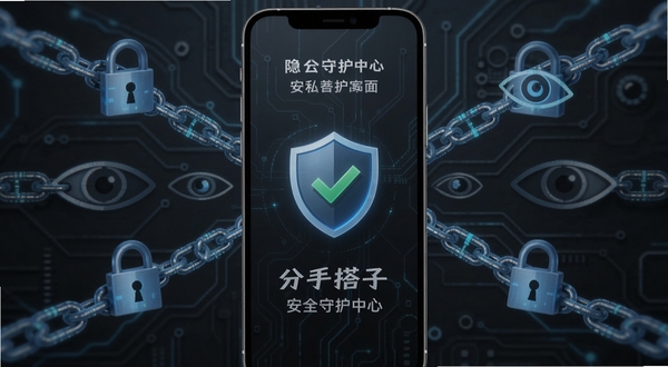 分手搭子 安全守护中心界面 手机屏幕显示盾牌与对勾图标 背景为深灰色科技纹理 周围有数据锁链与眼睛符号 突出隐私保护与审核机制