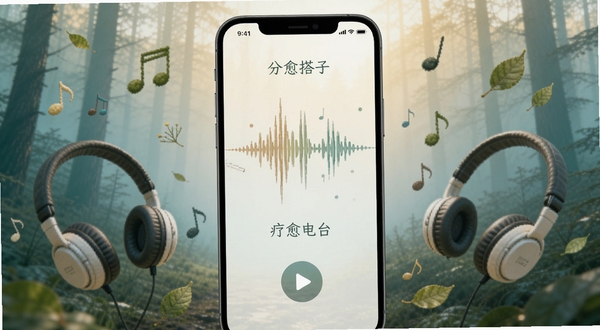 分手搭子 疗愈电台播放界面 手机屏幕显示声波与播放按钮 周围环绕耳机、音符、树叶等元素 背景为森林晨雾色调 传递宁静放松感