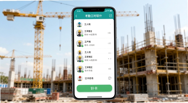 工地考勤工时记录软件主界面预览图,画面中央展示一部智能手机,手机屏幕上清晰显示着工人列表和打卡按钮,背景是虚化的建筑工地场景,有塔吊和脚手架轮廓,整体色调明亮,突出移动办公的便捷感