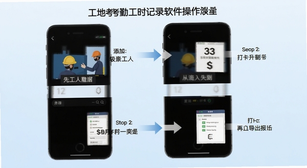 工地考勤工时记录软件操作流程图,画面以手机截图形式展示从添加工人到打卡再到导出报表的四个步骤,每个步骤配有箭头引导和简短文字说明,背景为淡蓝色渐变,整体风格清晰易懂