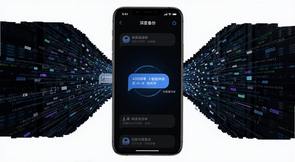 聊天记录还原微备份 深度扫描功能界面 手机屏幕显示数据碎片重组动画 背景深色科技风格 数据流从四周汇聚到中心形成完整对话气泡 突出恢复成功率与智能拼接概念