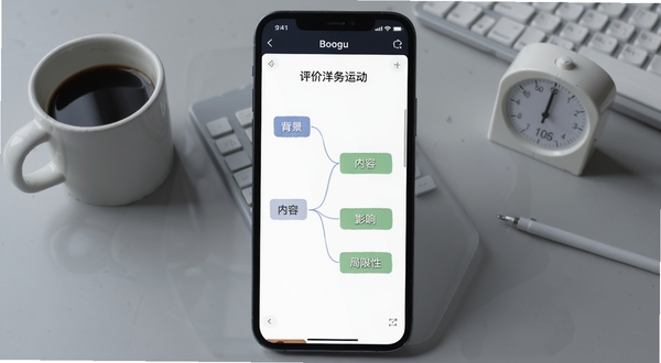 历史学考研软件论述题框架界面,手机屏幕展示“评价洋务运动”的答题思路导图,分支包括背景、内容、影响、局限性,背景为简约灰色书桌,旁边放着一杯咖啡和计时器,风格冷静专注,适合Boogu模型生成