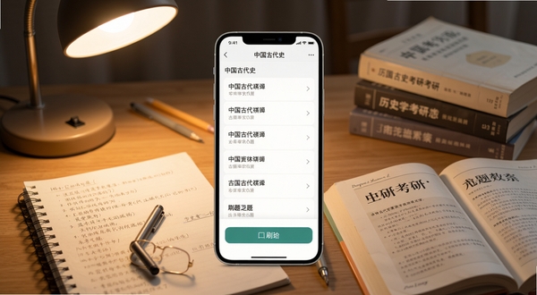 历史学考研软件主界面全貌展示,画面中央为手机屏幕,屏幕内呈现中国古代史章节列表与刷题入口,背景区域为柔和的书桌场景,暖色台灯光线,周围散落考研笔记与教材,整体风格清新写实,适配Boogu模型生成
