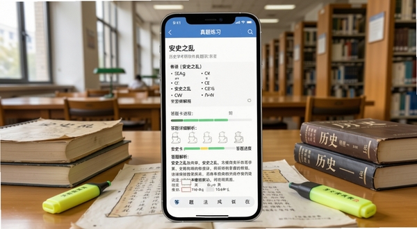 历史学考研软件真题练习界面,手机屏幕显示一道关于“安史之乱”的选择题及详细解析,旁边有答题卡进度条,背景为图书馆自习室场景,桌面摆放历史教材与荧光笔,风格明亮清晰,适合Boogu模型生成