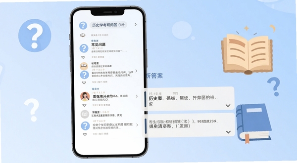 历史学考研问答界面示意图,手机屏幕显示常见问题列表与答案展开状态,背景为淡蓝色渐变,搭配问号图标与书本元素,风格简洁扁平化,适合Boogu模型生成
