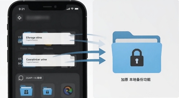 聊天记录还原微备份本地备份功能示意图,画面展示手机与存储文件夹之间的数据流向箭头,文件夹带有锁形图标表示加密,背景为浅灰色极简风格,突出安全存储概念