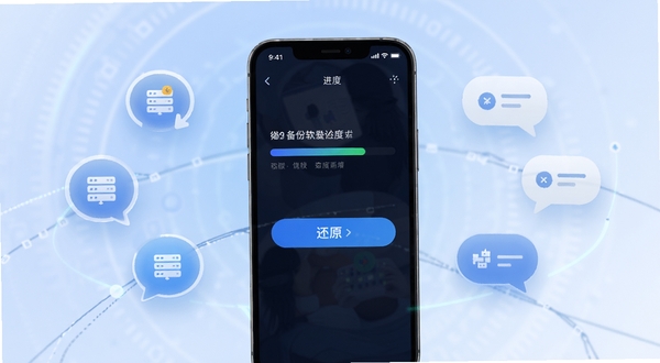 聊天记录还原微备份软件主界面展示,画面中央为手机屏幕显示备份进度条与还原选项按钮,背景为柔和的蓝白渐变科技风格,周围环绕数据同步图标与聊天气泡元素,整体呈现安全可靠的视觉氛围